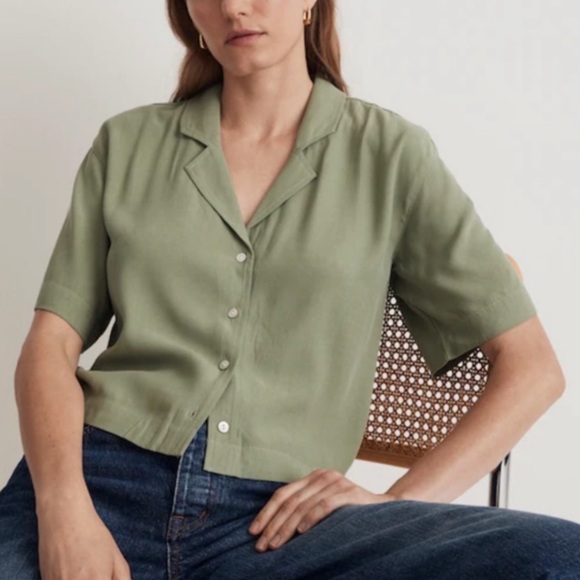 Quince Tops - Quince European Linen Short Sleeve Button Up Shirt in Sage Green